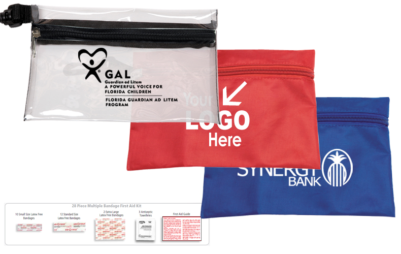 28 Piece Multi-Bandage First Aid Kit in Supersized Zipper Pouch Components inserted into Zipper Pouch